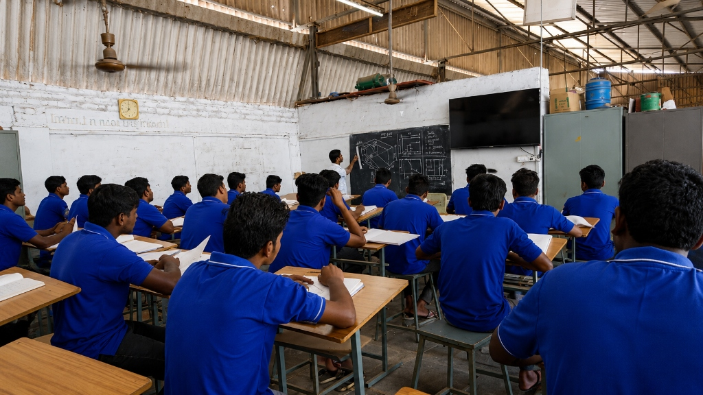 Instructor teaching design drawings in class