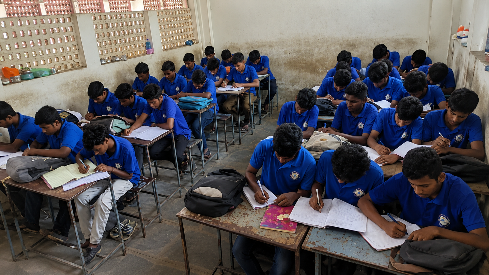 Students writing exam in classroom session