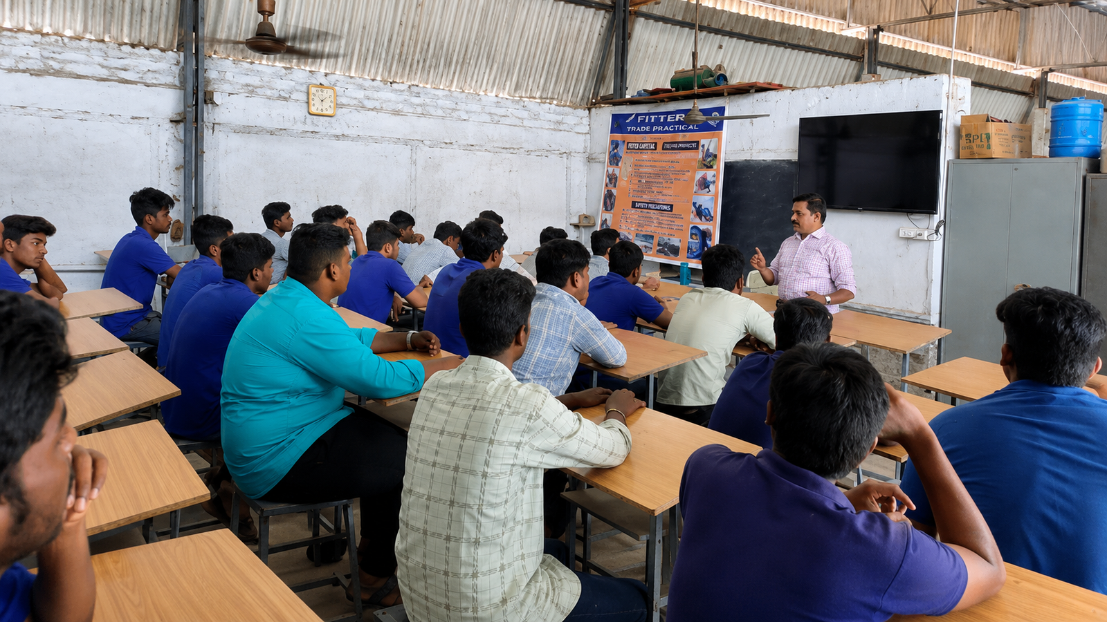 Instructor teaching electric controls to students in classroom